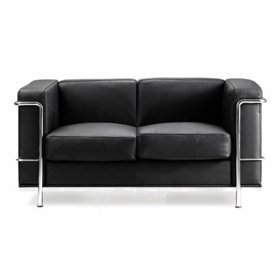 CONTEMPORARY CUBED LEATHER FACED RECEPTION TWO SEATER SOFA